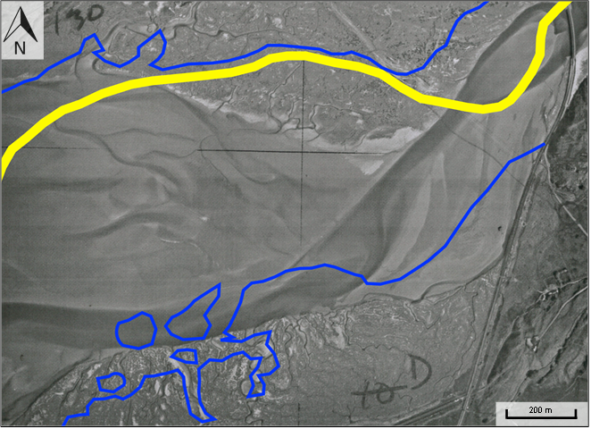 Figure 1. A vertical aerial photograph of Glastraeth (south) and Morfa (north) salt marshes, grid ref.: SH6137. Image taken as part of the RAF’s “Operation Review” in 1947. Blue and yellow lines represent salt marsh boundary and main tidal channel in 2013 respectively.