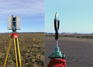 Figure 1: Showing the laser scan being carried out on the Eden Estuary on a lovely sunny day. The picture on the left show the actual laser scan unit in the foreground and 'targets' in the background. The right picture shows a close up of the target; these are used in post processing by the software to stitch all the scans together.