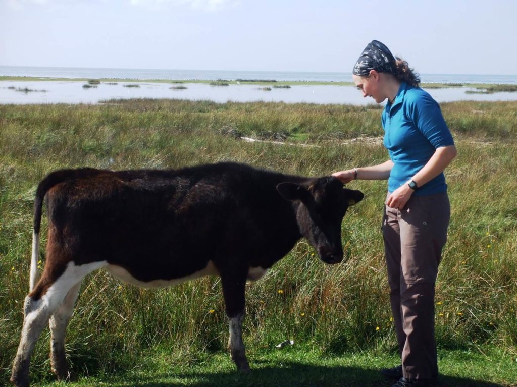 Rachel Killingham meeting a local on the salt marsh. 